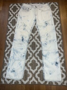 True religion Bleached Tie-Dye Distressed Jeans - Light Blue and White